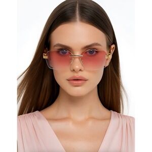Rimless Sunglasses Pink Lens Gold Frame Fashion Eyewear Trendy Sun Glasses Gafas